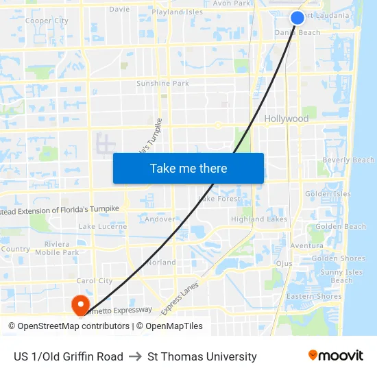 US 1/Old Griffin Road to St Thomas University map