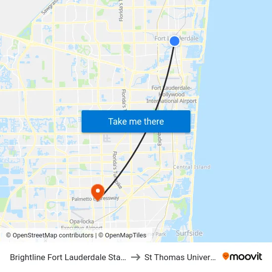 Brightline Fort Lauderdale Station to St Thomas University map