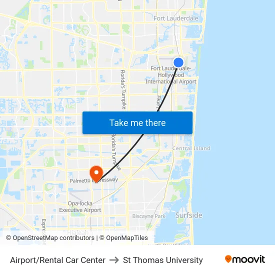 Airport/Rental Car Center to St Thomas University map