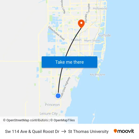 Sw 114 Ave & Quail Roost Dr to St Thomas University map