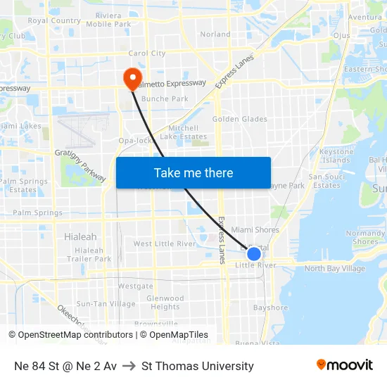Ne 84 St @ Ne 2 Av to St Thomas University map