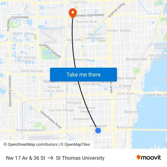 Nw 17 Av & 36 St to St Thomas University map