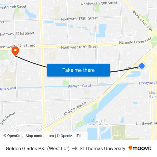 Golden Glades P&r (West Lot) to St Thomas University map