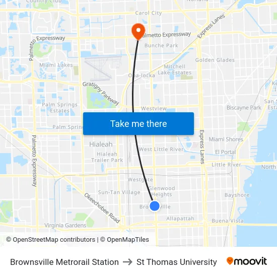 Brownsville Metrorail Station to St Thomas University map