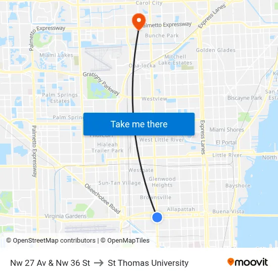 Nw 27 Av & Nw 36 St to St Thomas University map