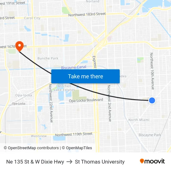 Ne 135 St & W Dixie Hwy to St Thomas University map