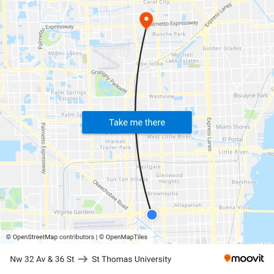 Nw 32 Av & 36 St to St Thomas University map