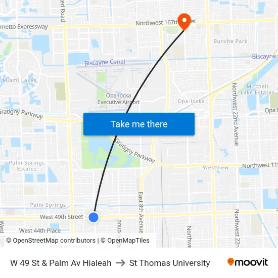 W 49 St & Palm Av Hialeah to St Thomas University map