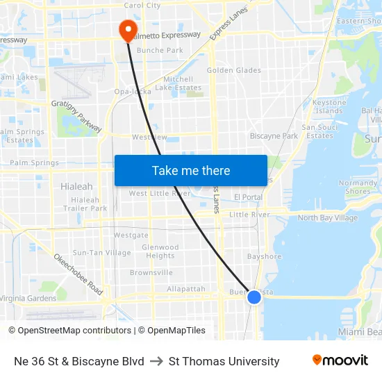 Ne 36 St & Biscayne Blvd to St Thomas University map