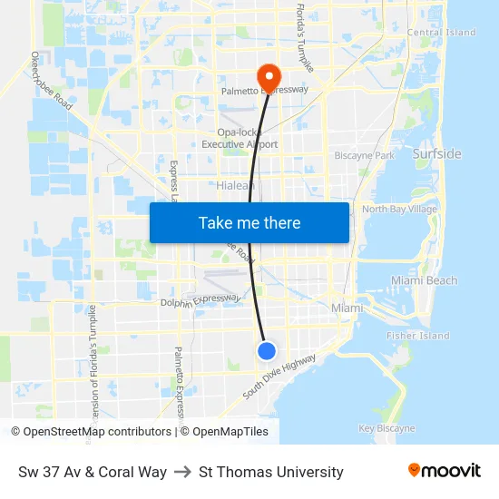 Sw 37 Av & Coral Way to St Thomas University map