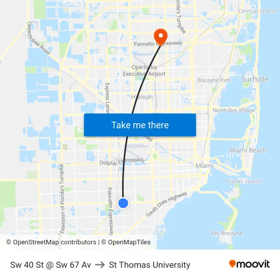 Sw 40 St @ Sw 67 Av to St Thomas University map