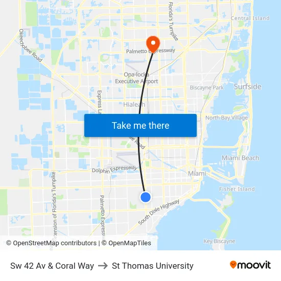 Sw 42 Av & Coral Way to St Thomas University map