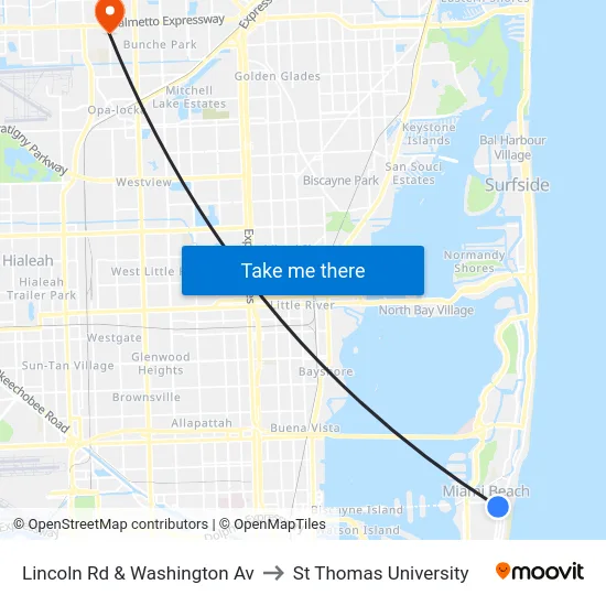 Lincoln Rd & Washington Av to St Thomas University map