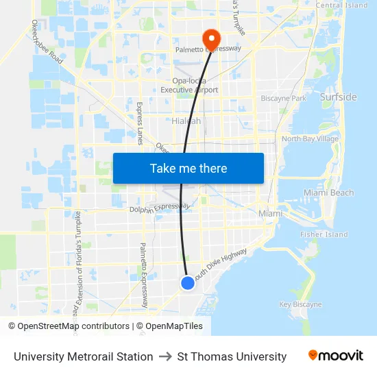 University Metrorail Station to St Thomas University map