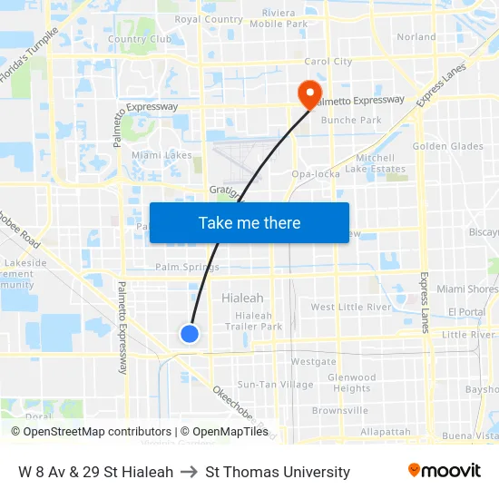 W 8 Av & 29 St Hialeah to St Thomas University map