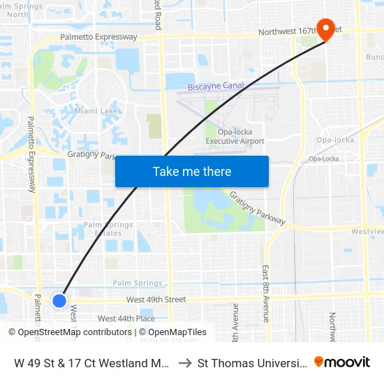 W 49 St & 17 Ct Westland Mall to St Thomas University map
