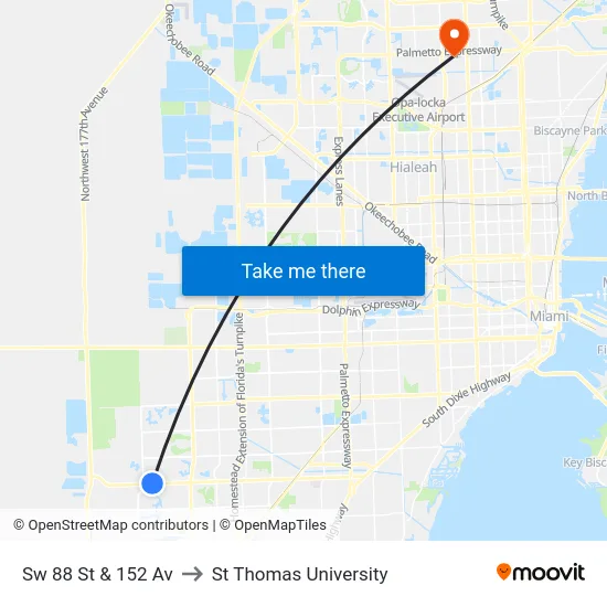 Sw 88 St & 152 Av to St Thomas University map
