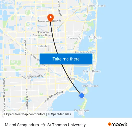 Miami Seaquarium to St Thomas University map