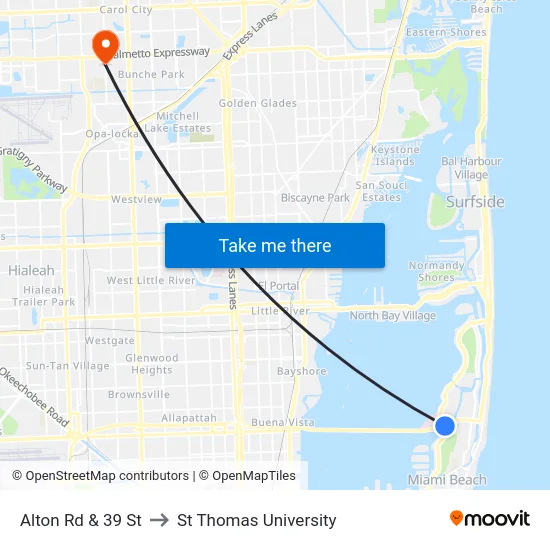Alton Rd & 39 St to St Thomas University map