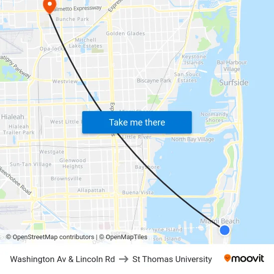 Washington Av & Lincoln Rd to St Thomas University map