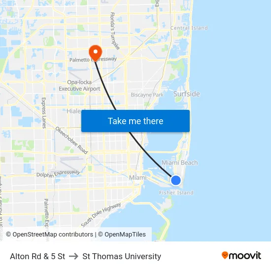 Alton Rd & 5 St to St Thomas University map