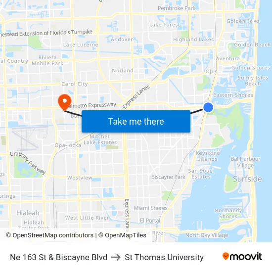 Ne 163 St & Biscayne Blvd to St Thomas University map