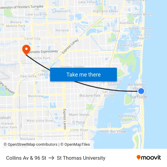 Collins Av & 96 St to St Thomas University map