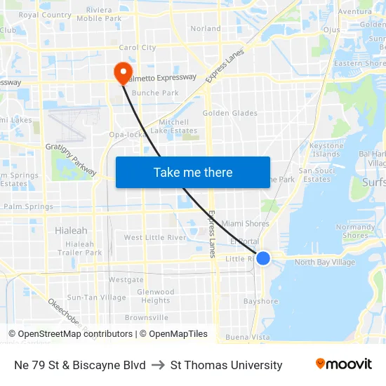Ne 79 St & Biscayne Blvd to St Thomas University map