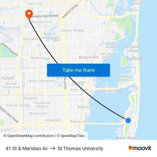 41 St & Meridian Av to St Thomas University map