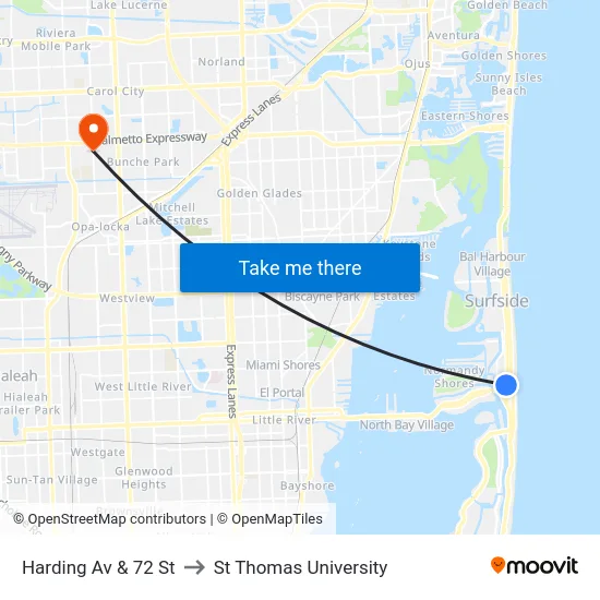 Harding Av & 72 St to St Thomas University map