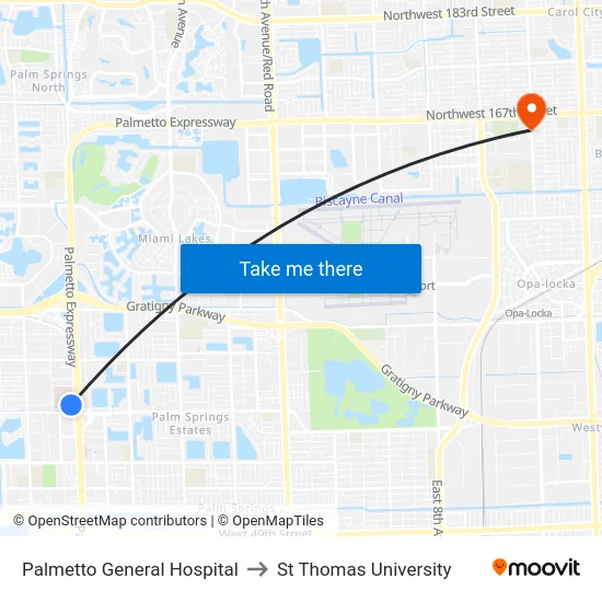 Palmetto General Hospital to St Thomas University map