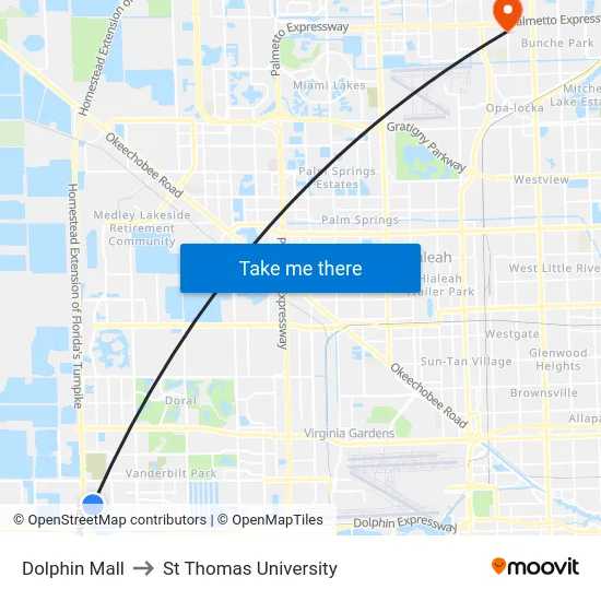 Dolphin Mall to St Thomas University map