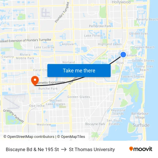 Biscayne Bd & Ne 195 St to St Thomas University map