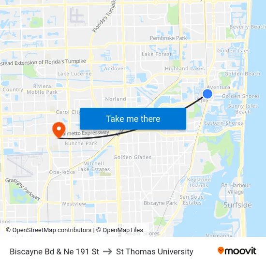 Biscayne Bd & Ne 191 St to St Thomas University map