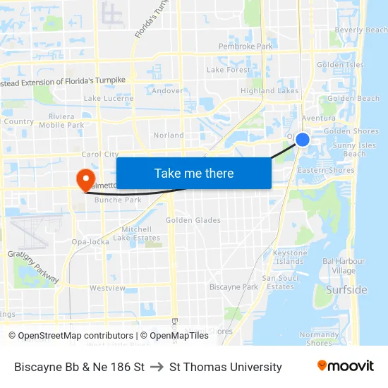 Biscayne Bb & Ne 186 St to St Thomas University map