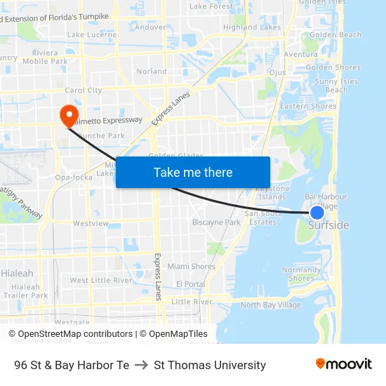 96 St & Bay Harbor Te to St Thomas University map