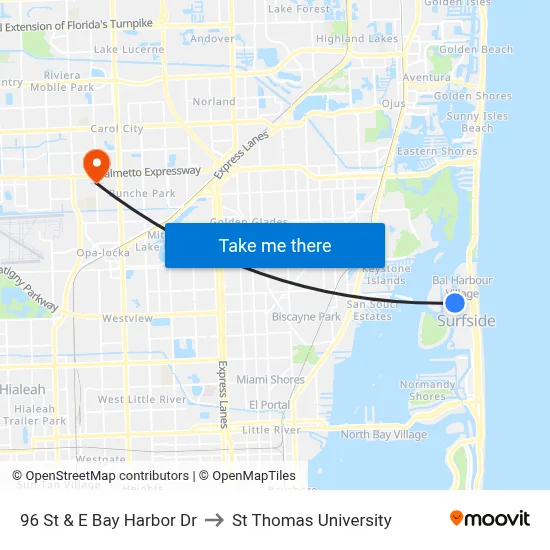 96 St & E Bay Harbor Dr to St Thomas University map
