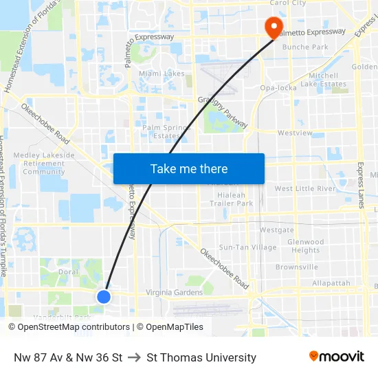 Nw 87 Av & Nw 36 St to St Thomas University map