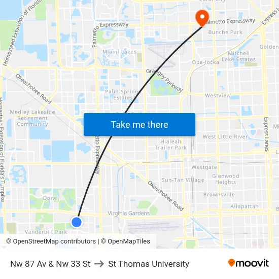 Nw 87 Av & Nw 33 St to St Thomas University map