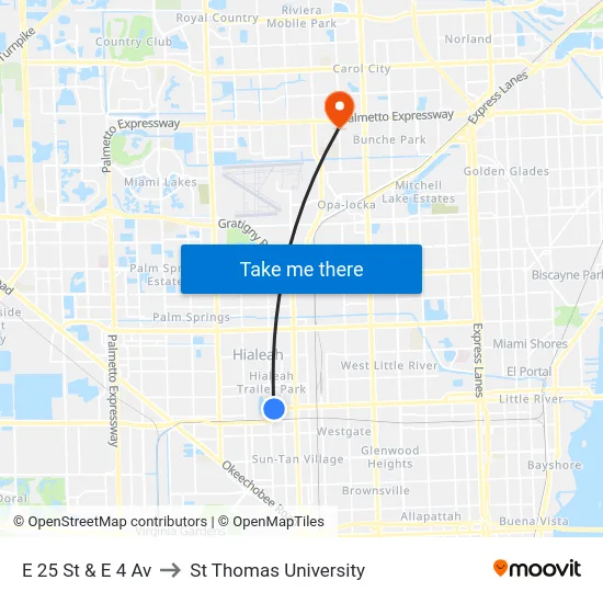 E 25 St & E 4 Av to St Thomas University map