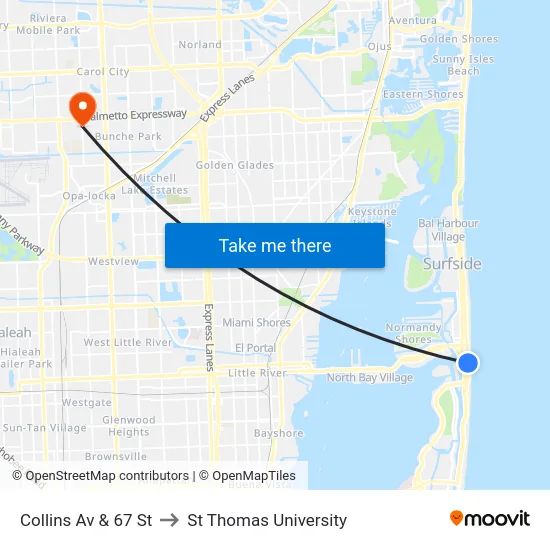 Collins Av & 67 St to St Thomas University map
