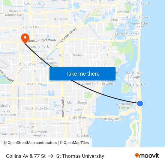 Collins Av & 77 St to St Thomas University map