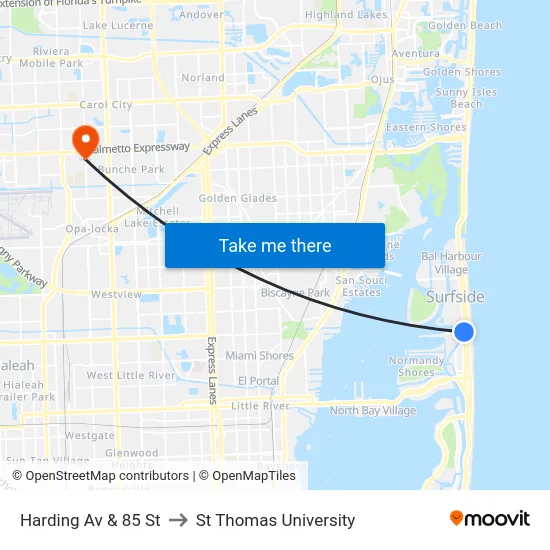 Harding Av & 85 St to St Thomas University map