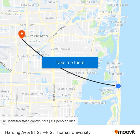 Harding Av & 81 St to St Thomas University map