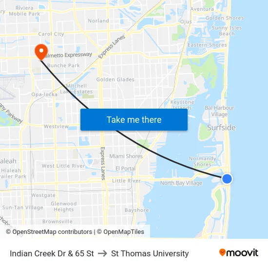 Indian Creek Dr & 65 St to St Thomas University map