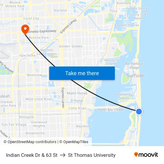 Indian Creek Dr & 63 St to St Thomas University map