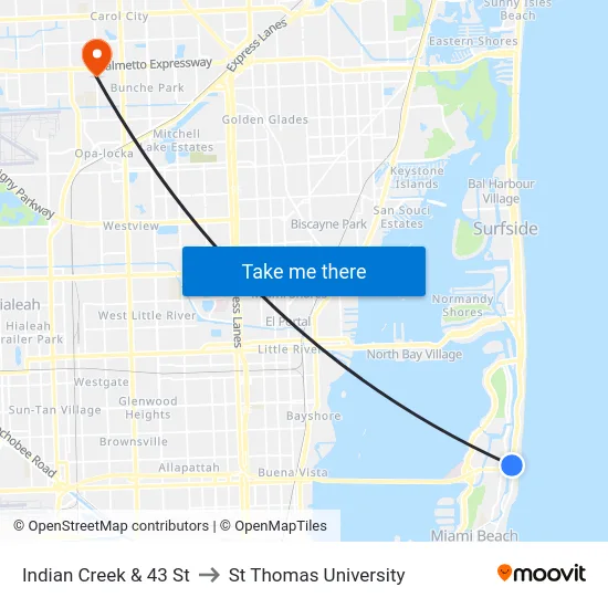 Indian Creek & 43 St to St Thomas University map