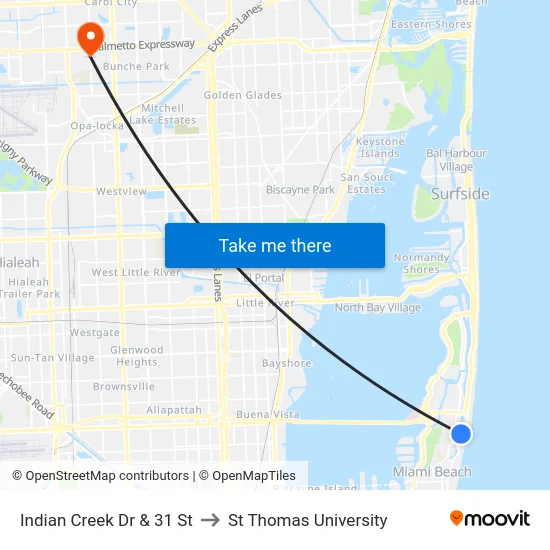 Indian Creek Dr & 31 St to St Thomas University map