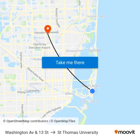 Washington Av & 13 St to St Thomas University map