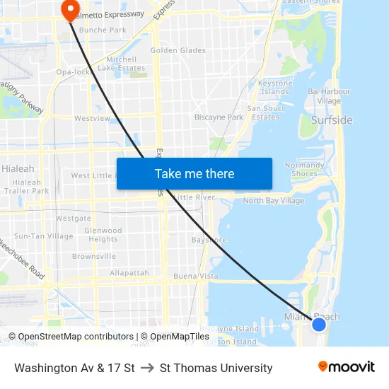 Washington Av & 17 St to St Thomas University map